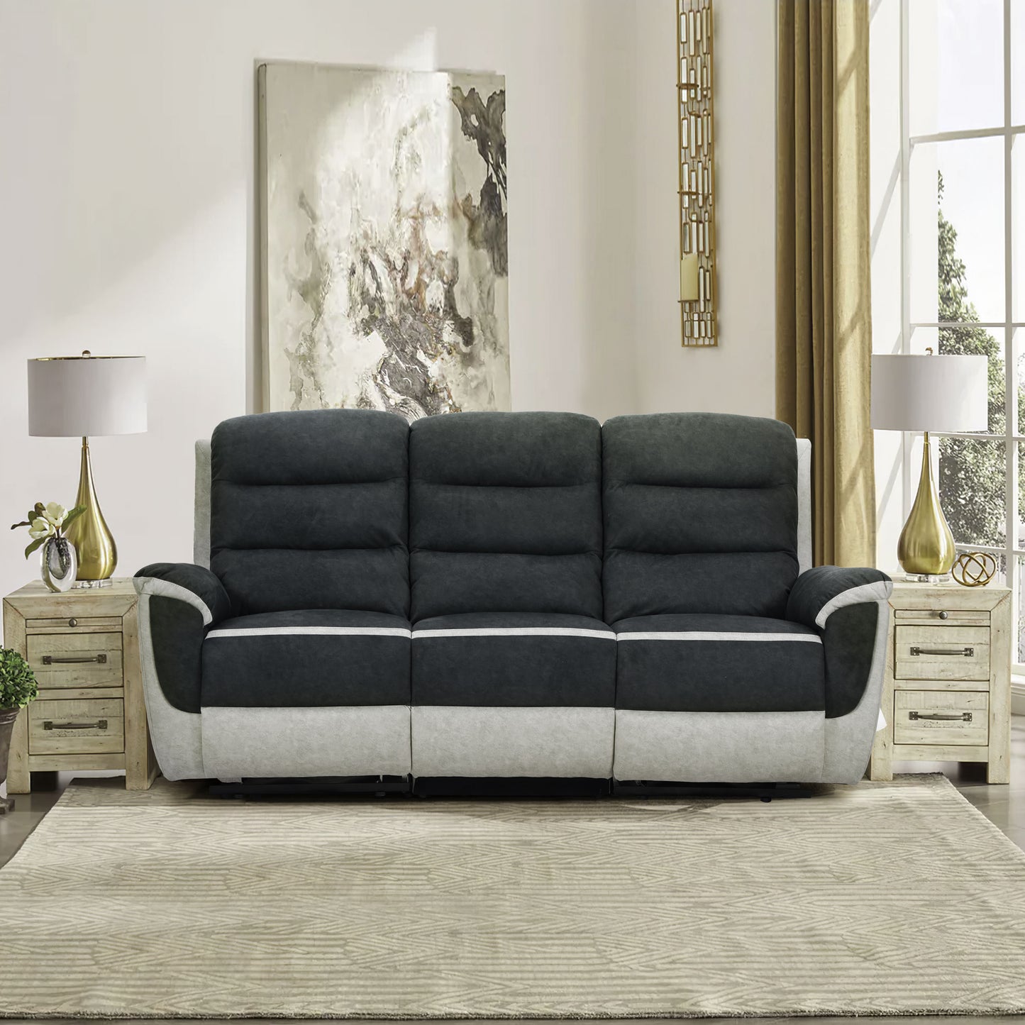 Two Tone Contrast Fabric Recliner Set Chair 2 Seater Sofa 3 Seater Sofa Grey