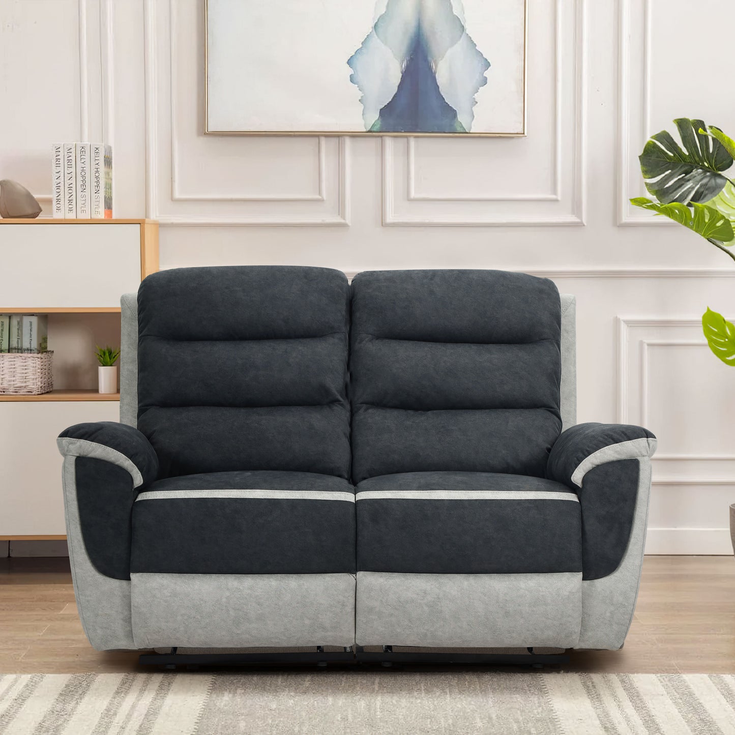 Two Tone Contrast Fabric Recliner Set Chair 2 Seater Sofa 3 Seater Sofa Grey