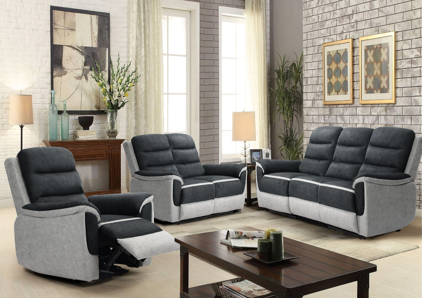 Two Tone Contrast Fabric Recliner Set Chair 2 Seater Sofa 3 Seater Sofa Grey