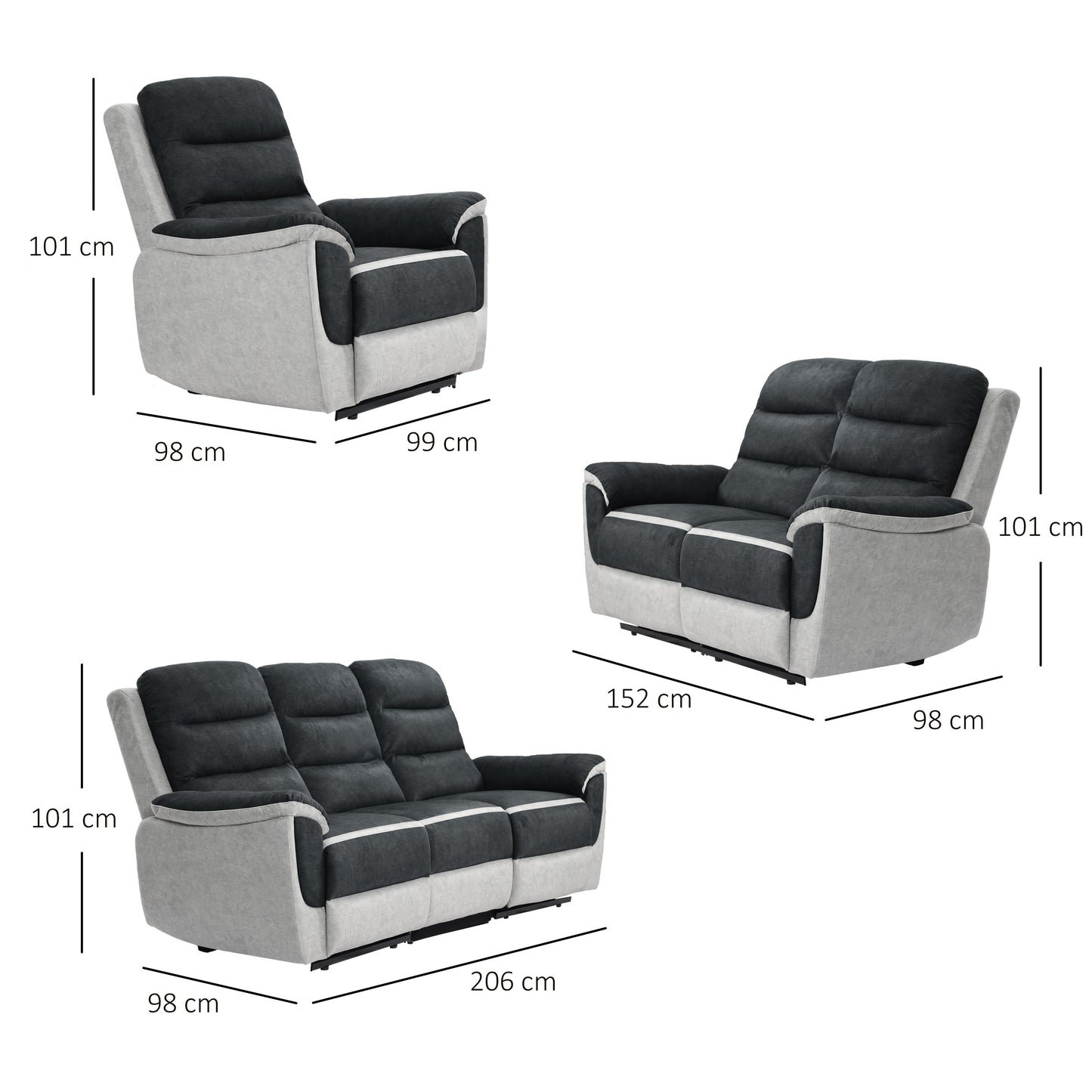 Two Tone Contrast Fabric Recliner Set Chair 2 Seater Sofa 3 Seater Sofa Grey
