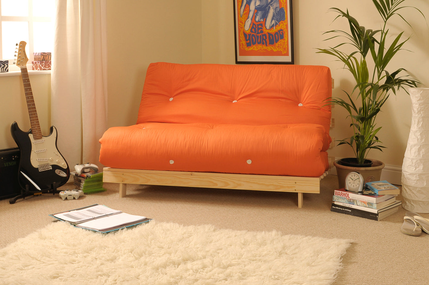 Wooden Futon sofa bed frame with a Luxury Mattress