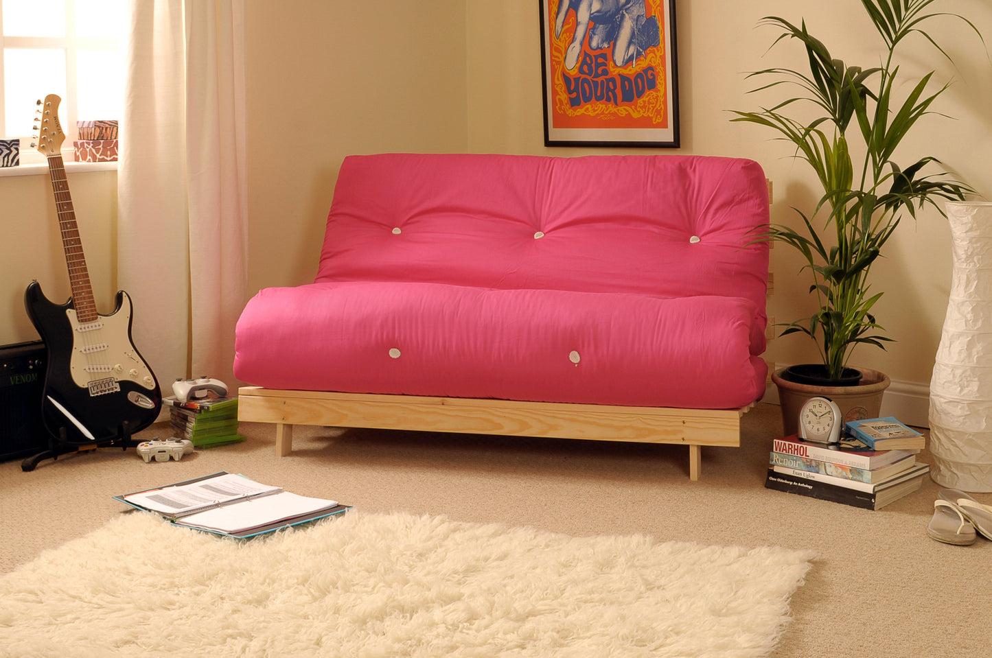 Wooden Futon sofa bed frame with a Luxury Mattress