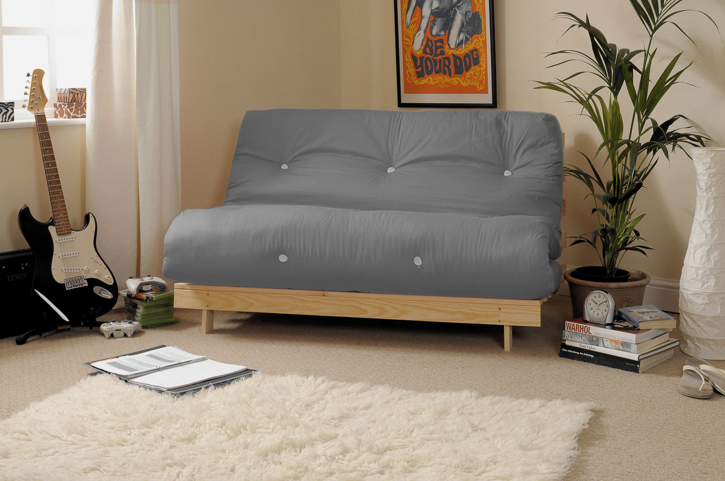 Wooden Futon sofa bed frame with a Luxury Mattress