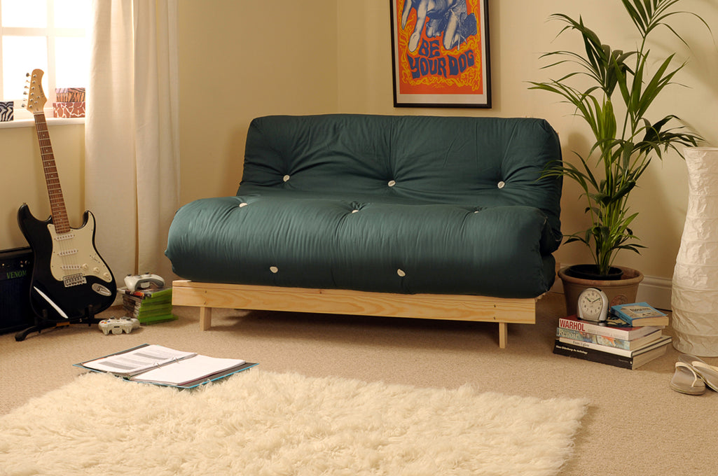 Wooden Futon sofa bed frame with a Standard Mattress