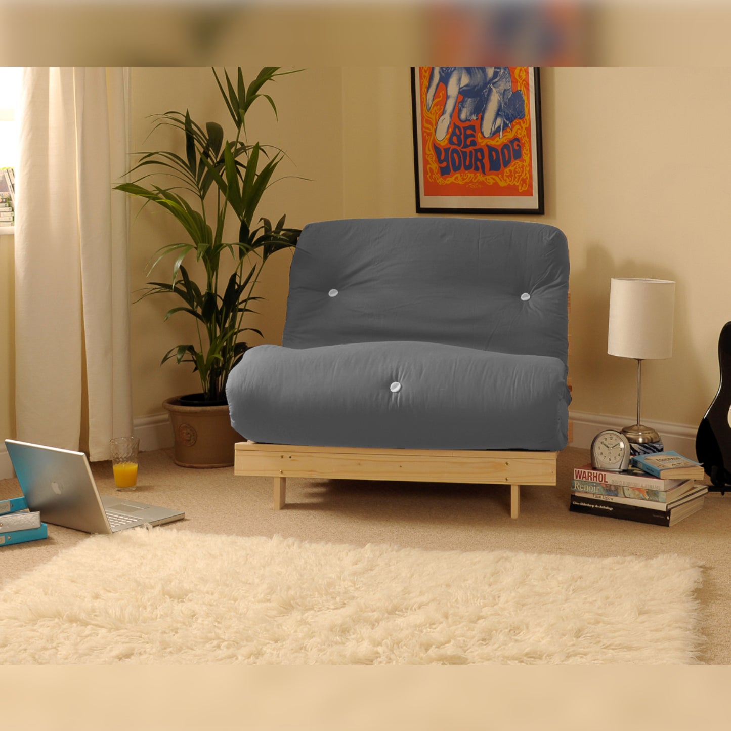 Wooden Futon sofa bed frame with a Luxury Mattress