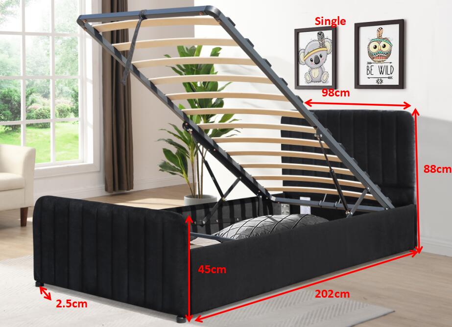 Gas Lift Ottoman Bed in Brushed Velvet – Black, Light Grey, Dark Grey – Available in 3ft, 4ft6, and 5ft Sizes