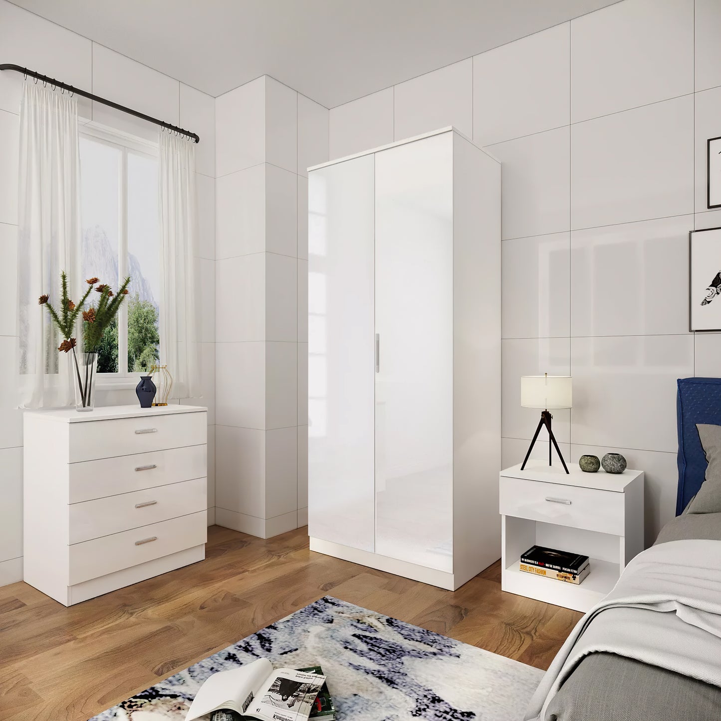 High Gloss Bedroom Furniture 3 Piece Trio Set Wardrobe Chest Bedside