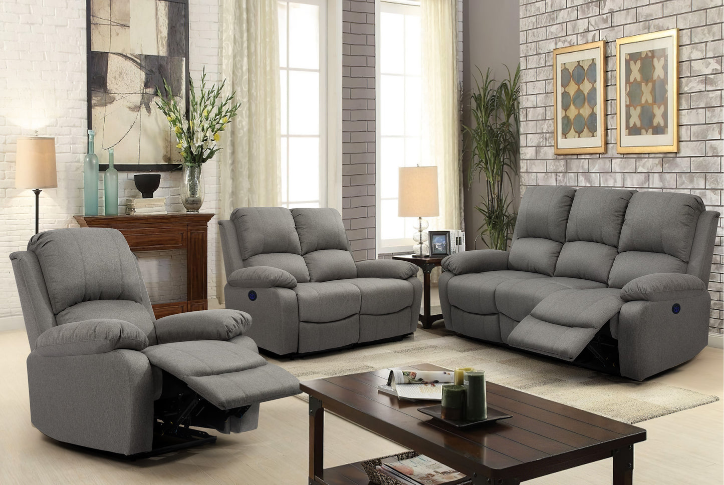 Linen Electric Reclining Sofa Set