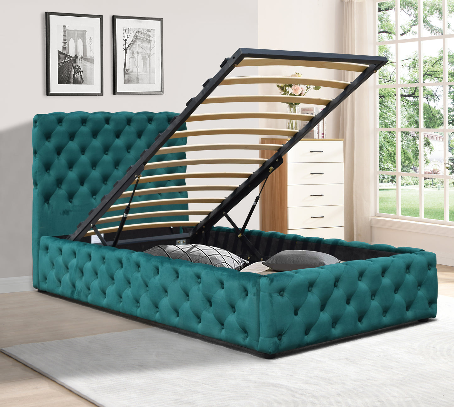 Tufted Fabric Gas Lift Ottoman Bed Frame, 3ft, 4ft6, or 5ft Grey Green Bedroom