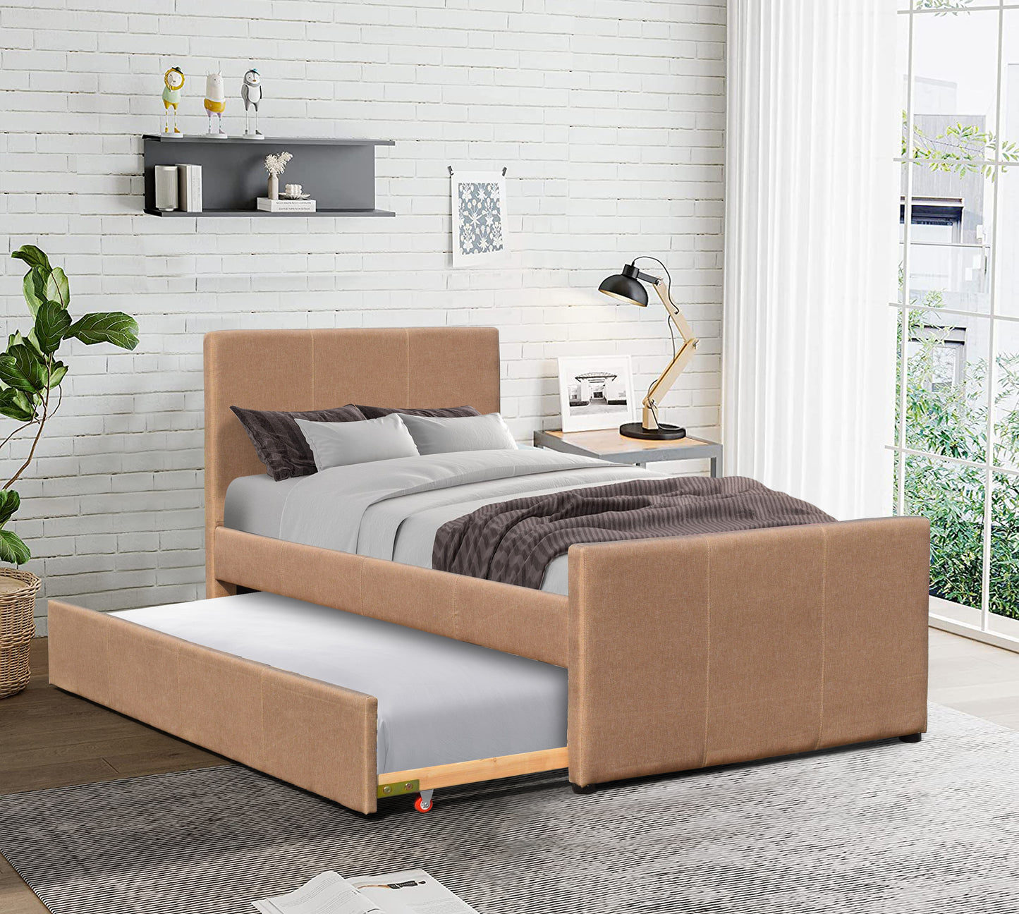 3ft Single Fabric Bed Frame With Trundle Bed in Grey Pink Brown Or Denim