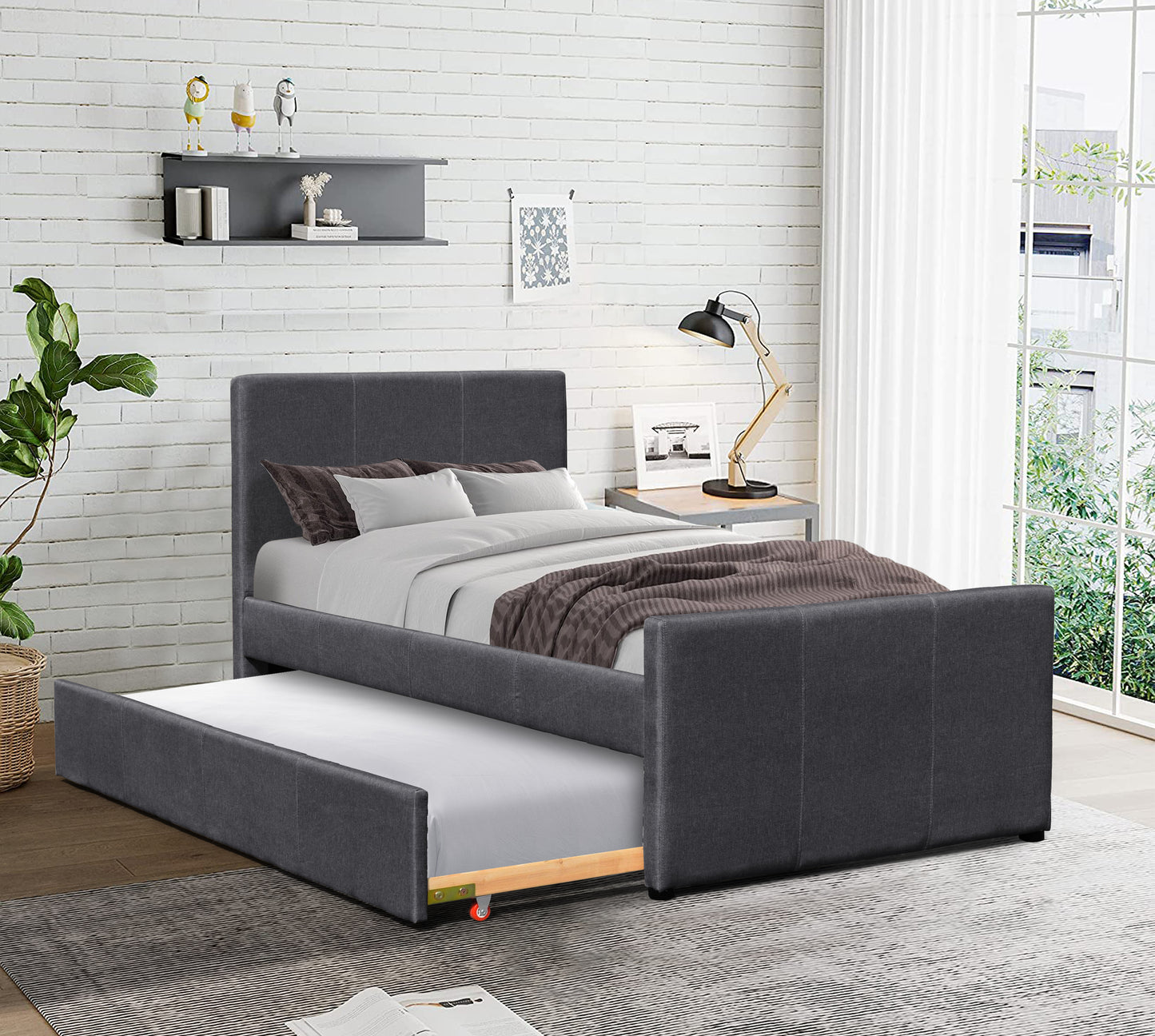 3ft Single Fabric Bed Frame With Trundle Bed in Grey Pink Brown Or Denim