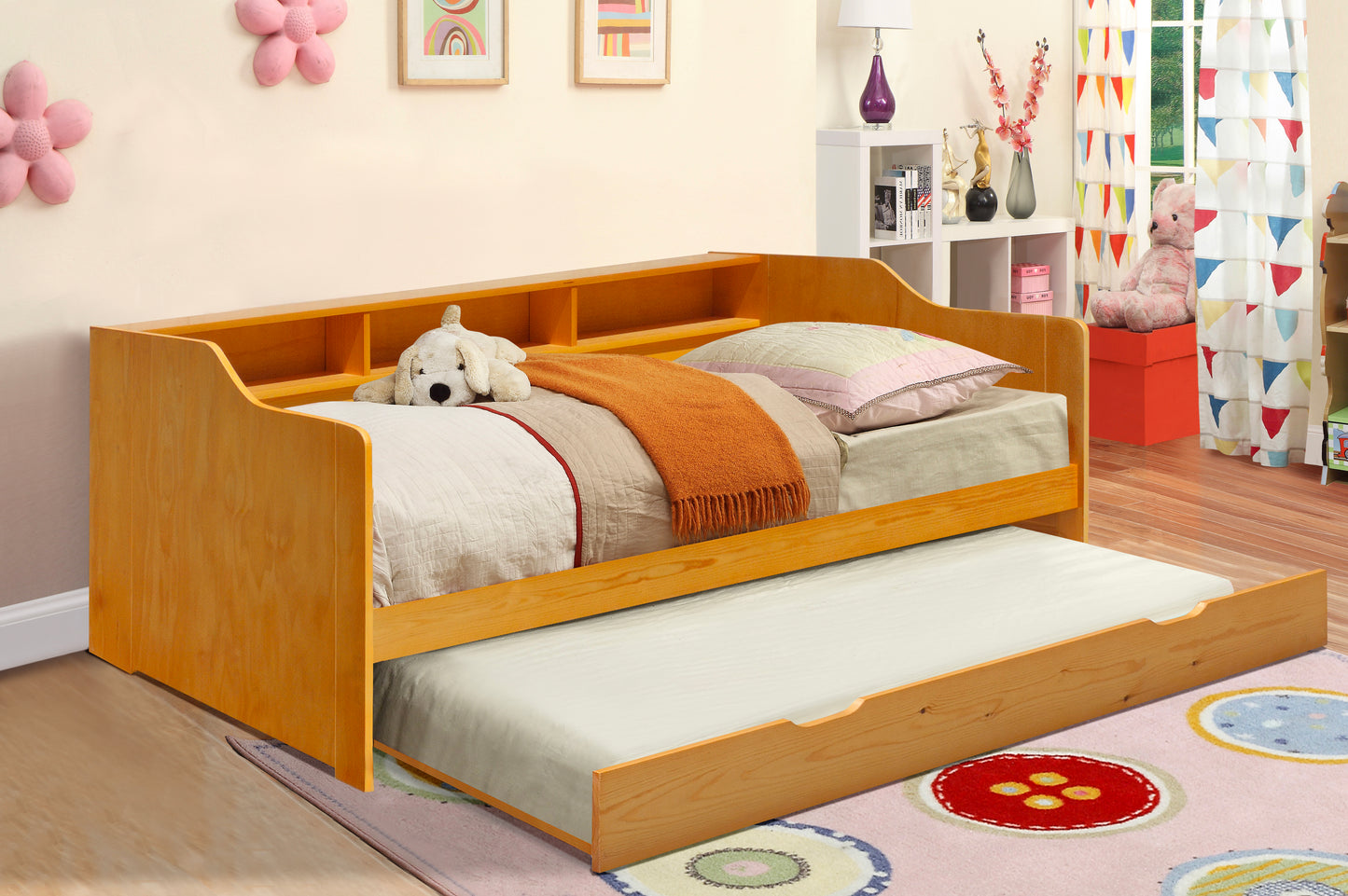 3ft Wooden Bed with Trundle, Grey, White or Caramel With Shelving Bedroom