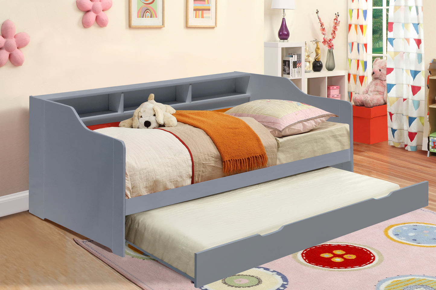 3ft Wooden Bed with Trundle, Grey, White or Caramel With Shelving Bedroom