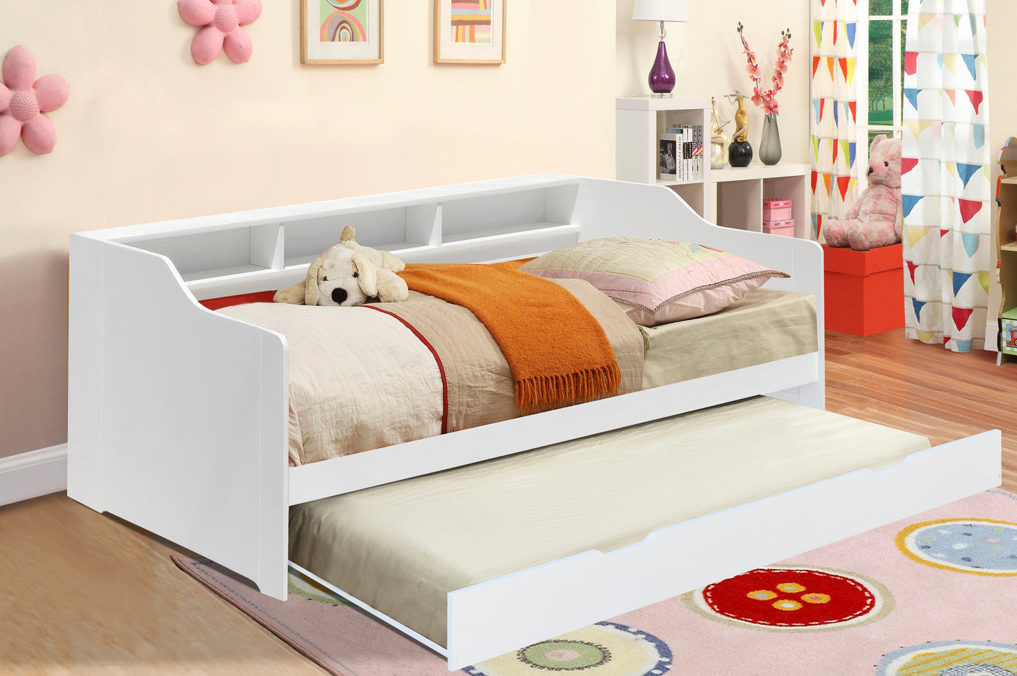 3ft Wooden Bed with Trundle, Grey, White or Caramel With Shelving Bedroom