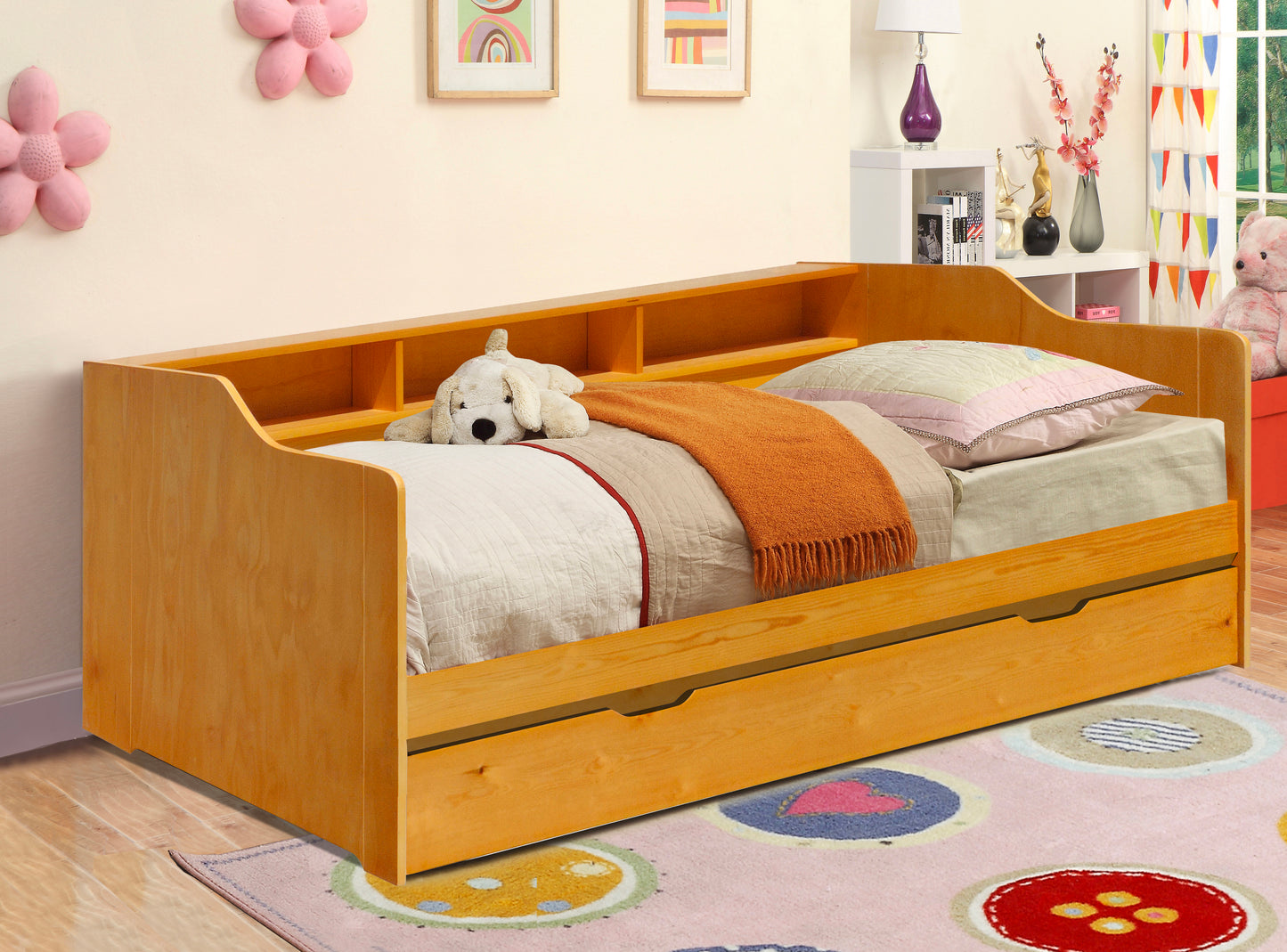 3ft Wooden Bed with Trundle, Grey, White or Caramel With Shelving Bedroom