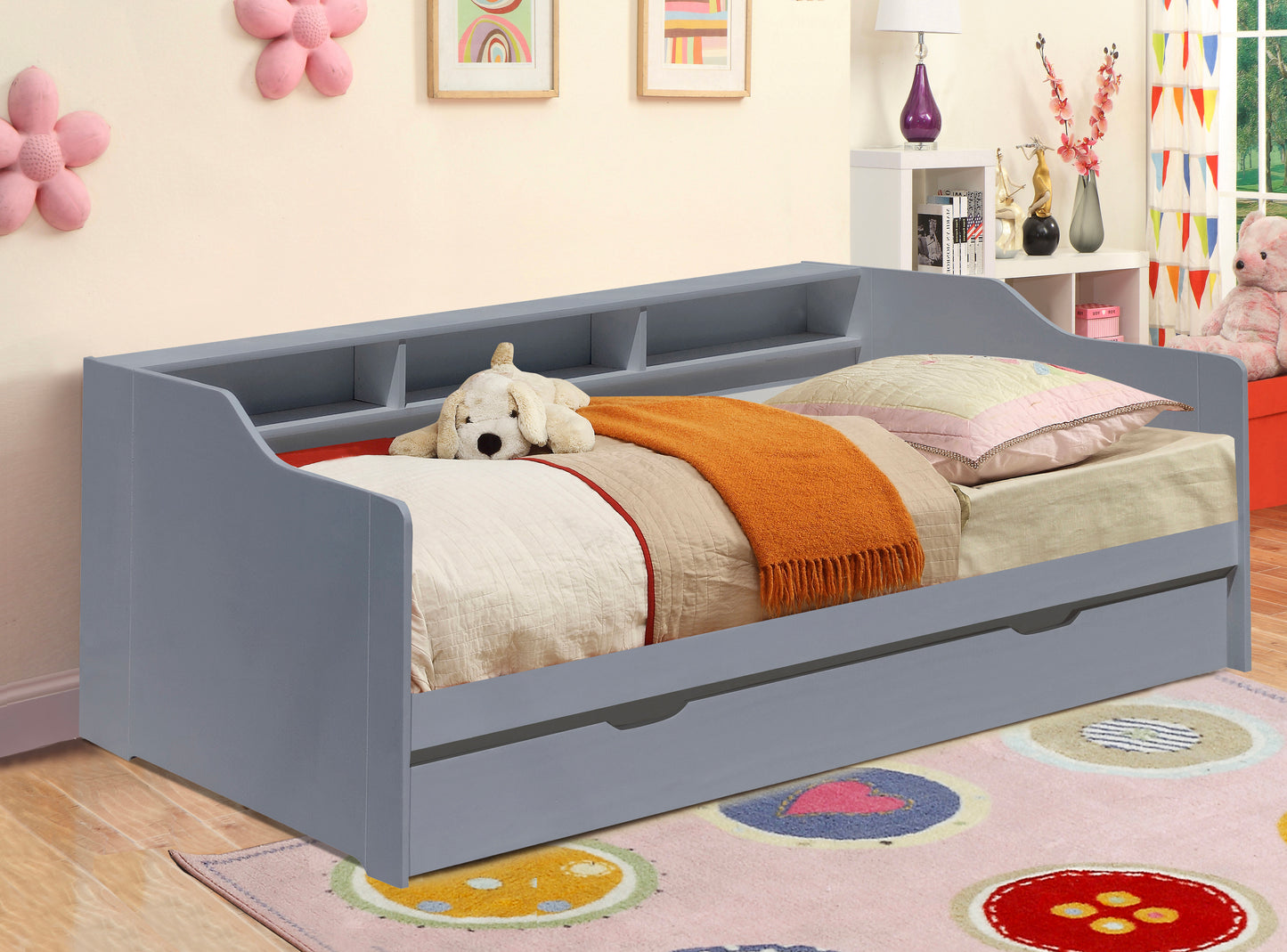 3ft Wooden Bed with Trundle, Grey, White or Caramel With Shelving Bedroom