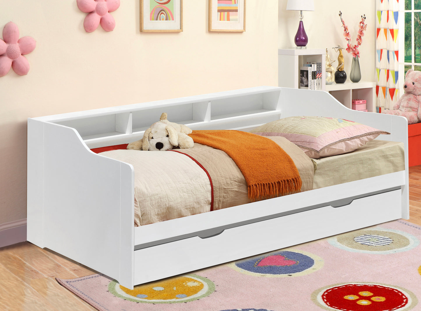 3ft Wooden Bed with Trundle, Grey, White or Caramel With Shelving Bedroom