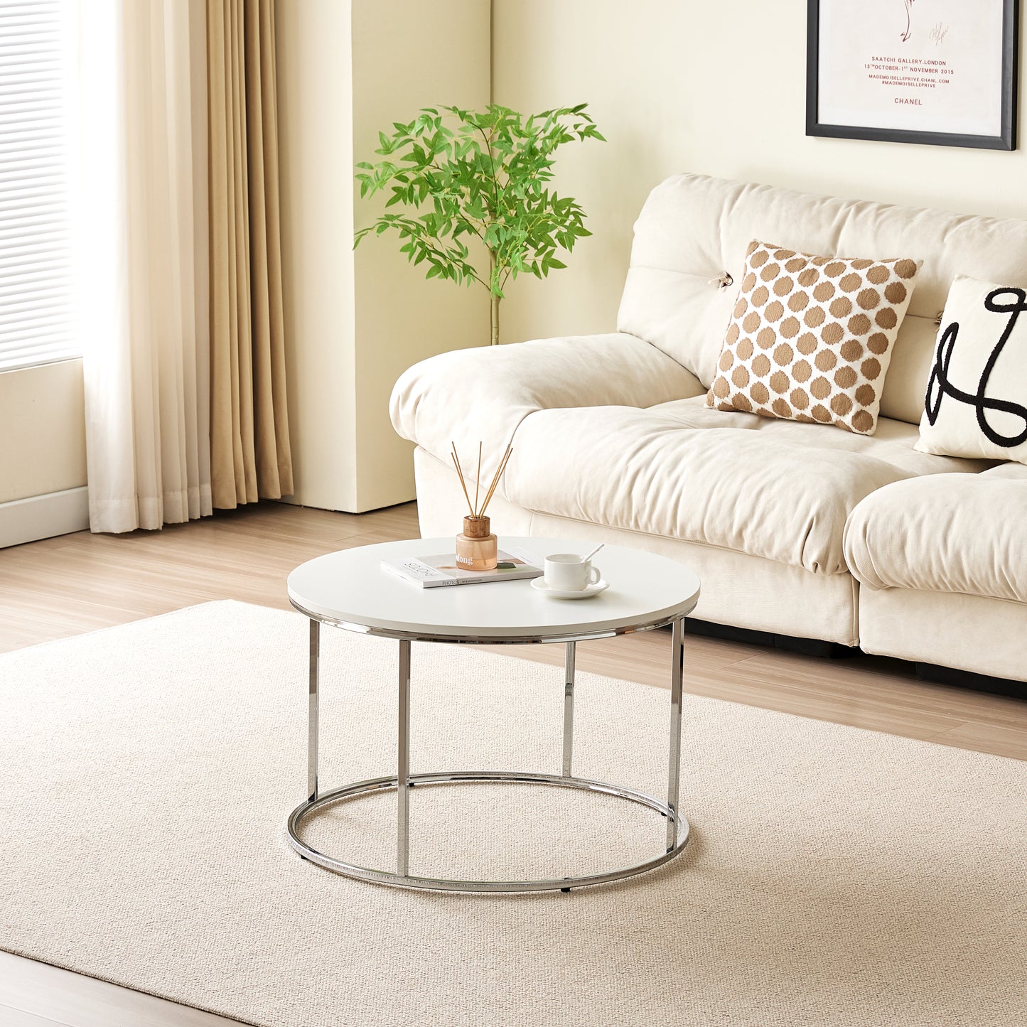 Circular Coffee Table Metal Frame Table Top Living Room Side Table