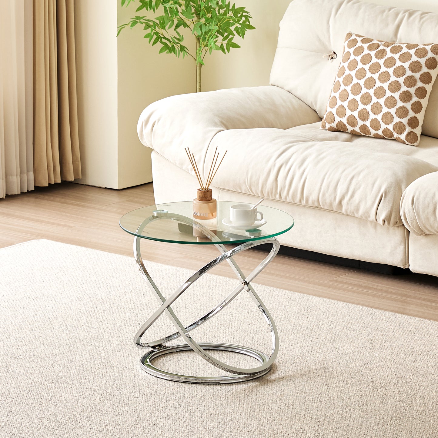 Round Tempered Glass Lamp Side Table, Chrome Effect, Gold or Silver Living Room