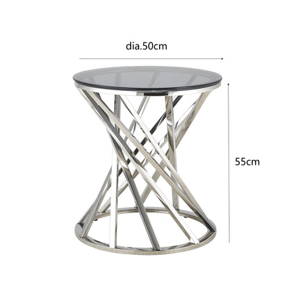 Round Metal Lamp Or Side Table With Tinted Glass Tempered Top Living Room