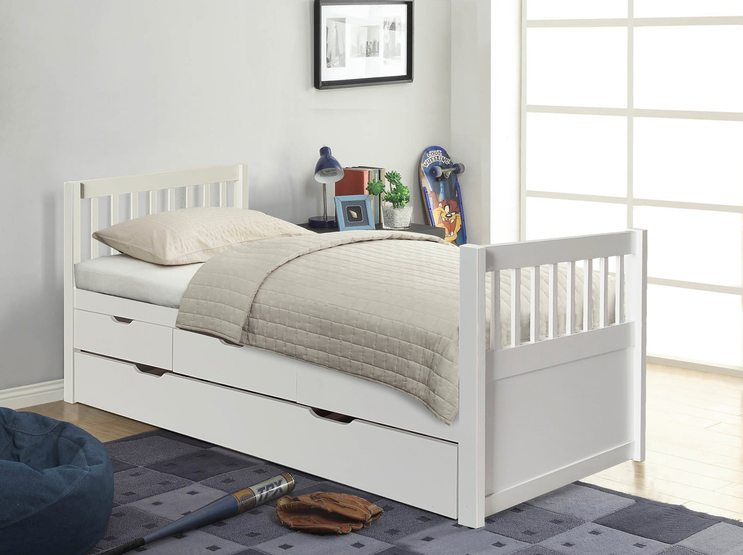 3ft Pine Trundle Bed With Storage Drawers in Natural White or Grey