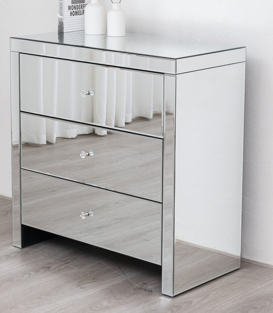 Mirrored 3 Drawer Chest Crystal Handles Bedroom Furniture