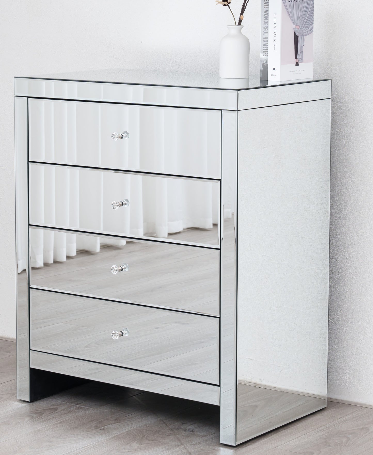 Mirrored 4 Drawer Chest Crystal Handles Bedroom Furniture