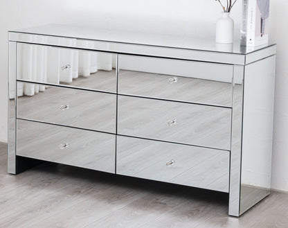 Mirrored 6 Drawer Chest Crystal Handles Bedroom Furniture