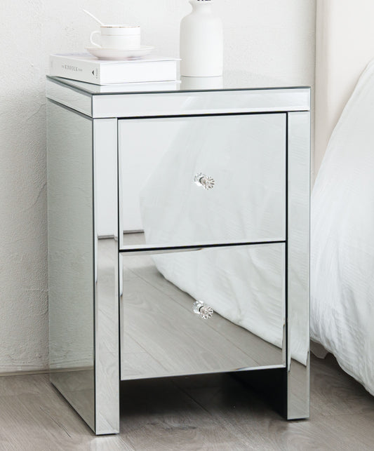 Large Mirrored Bedside Table with 2 Drawers Crystal Handles Bedroom Furniture