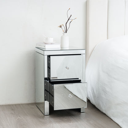 Large Mirrored Bedside Table with 2 Drawers Crystal Handles Bedroom Furniture