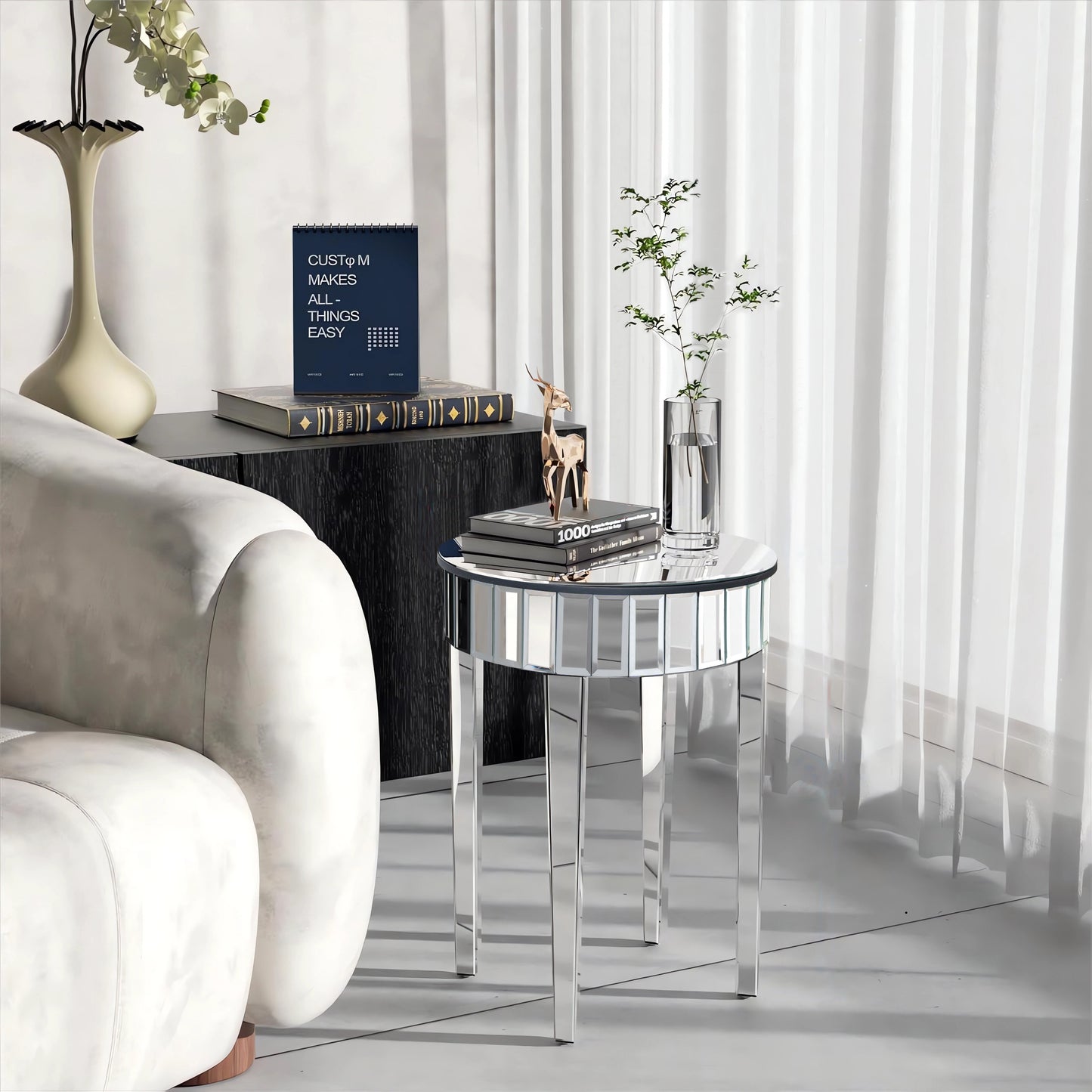 Circular Mirrored Side Or End Table Living Room Furniture