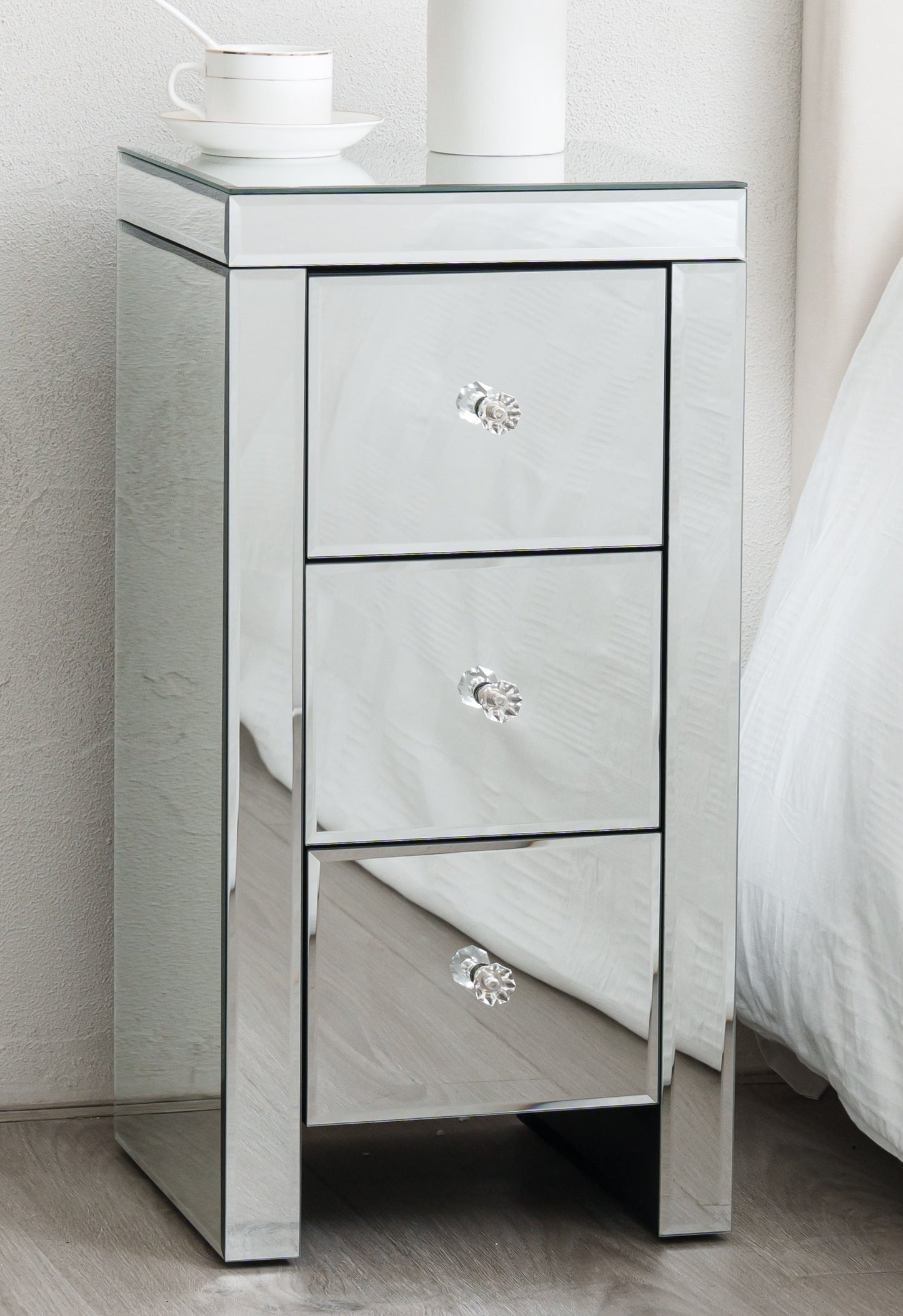 Small Mirrored Bedside Table with 3 Drawers Crystal Handles Bedroom Furniture