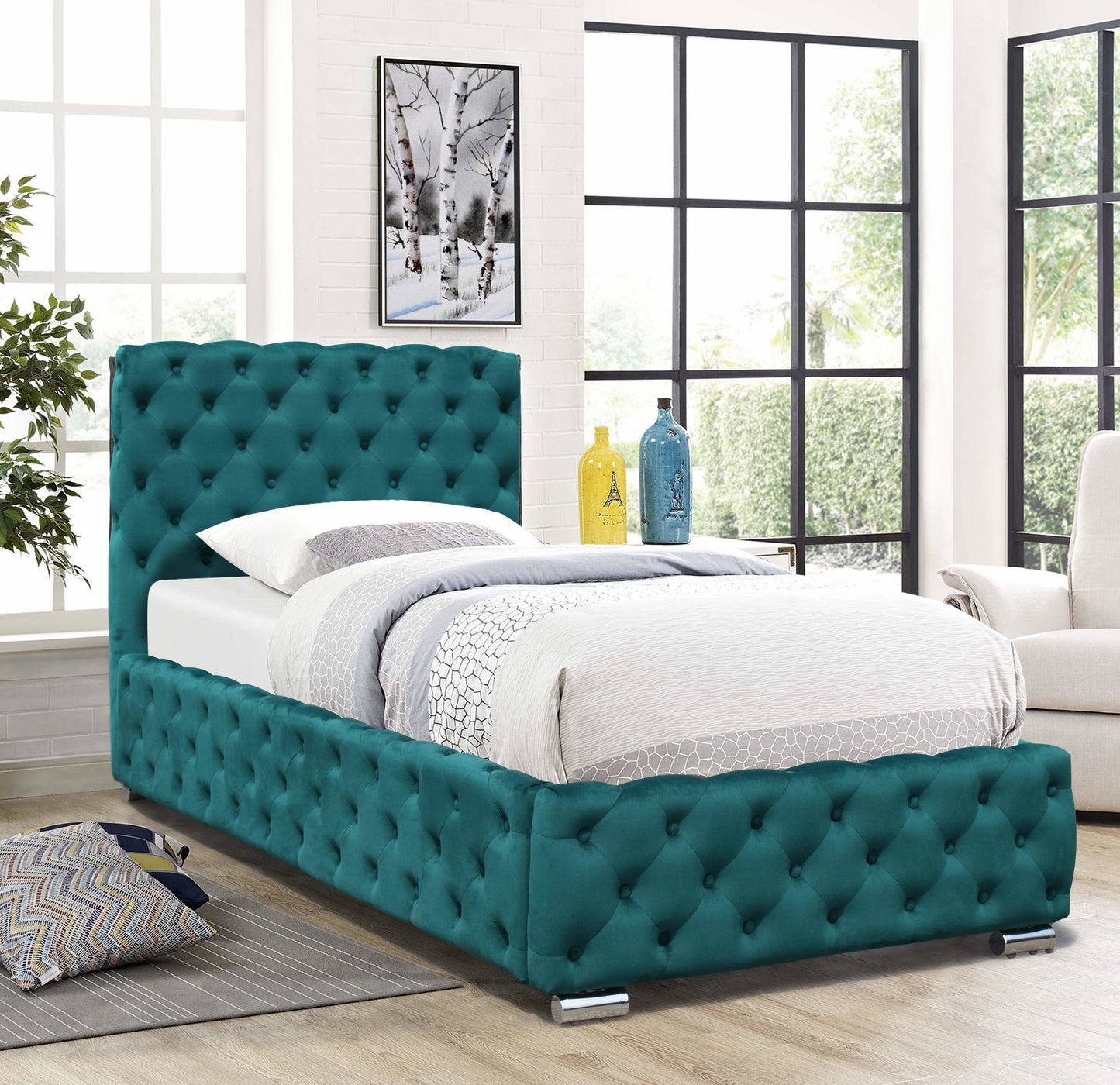 Tufted Fabric Bed Frame In Grey Or Green In 3ft, 4ft6 or 5ft Size Bedroom