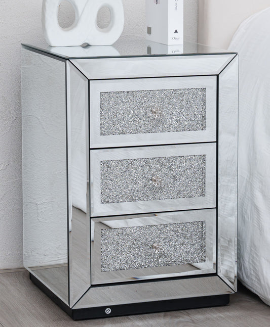 Diamond Crystal Mirrored 3 Drawer Bedside Table Bedroom Furniture