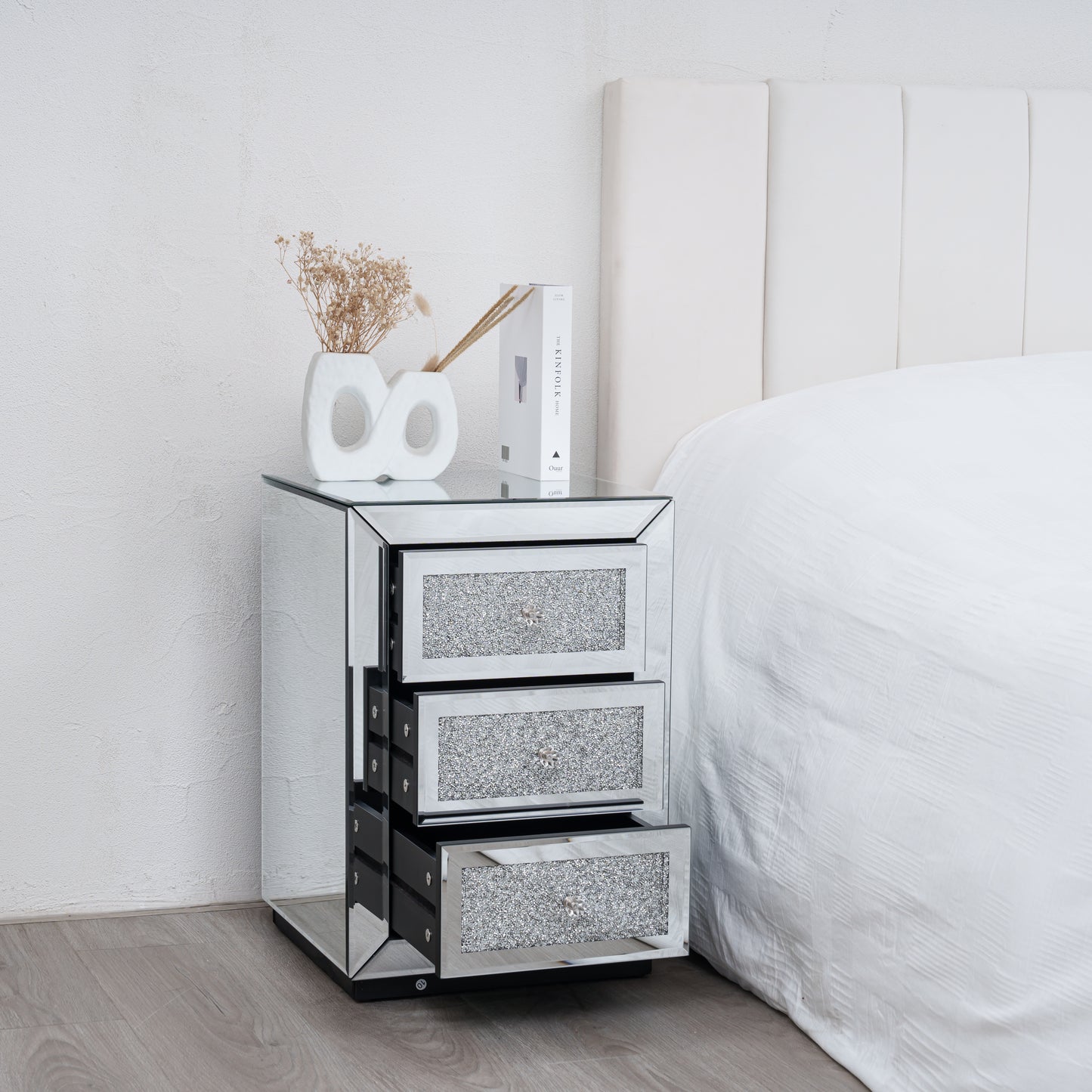 Diamond Crystal Mirrored 3 Drawer Bedside Table Bedroom Furniture