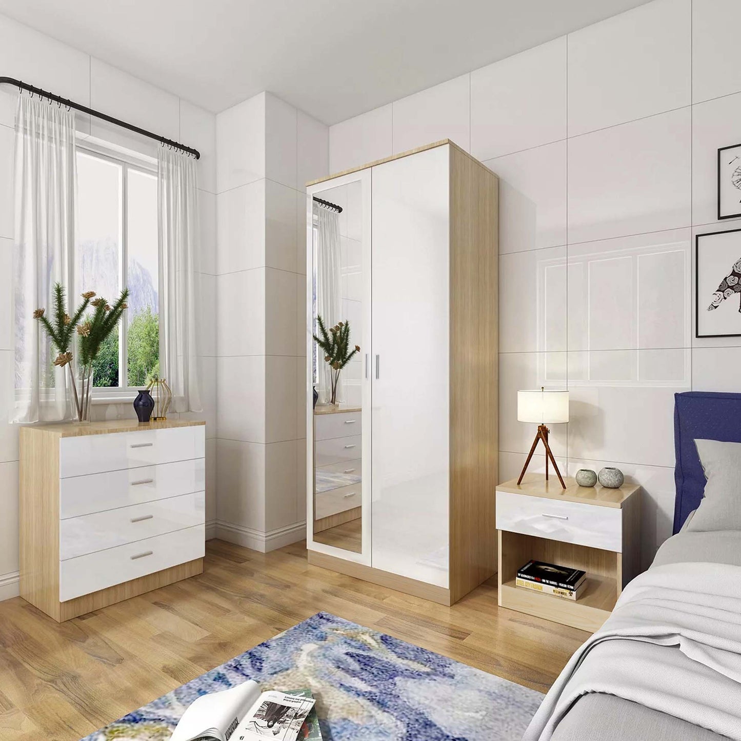 High Gloss Bedroom Furniture 3 Piece Trio Set Wardrobe Chest Bedside